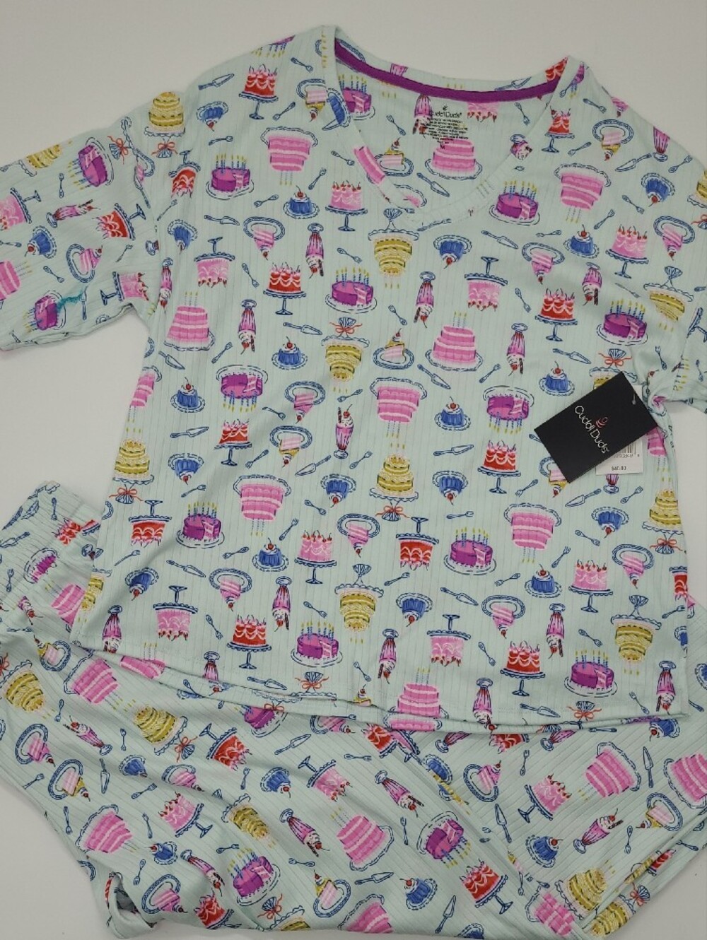 Cuddl Duds Pajama Set Capri Light Blue Cake Print Pockets Pink Yellow 2pc NEW - Picture 7 of 10